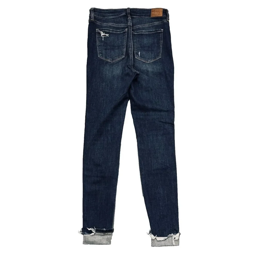 American Eagle Super Hi Rise Jegging Jeans 4 (28x27) Blue Distressed Patch Women